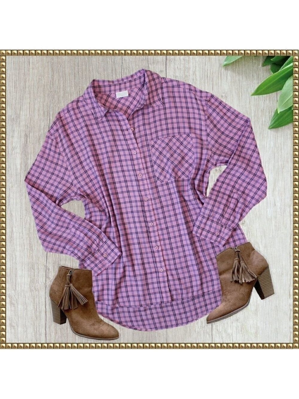 Abound Plaid Button Down Shirt Small Purple Black Blue